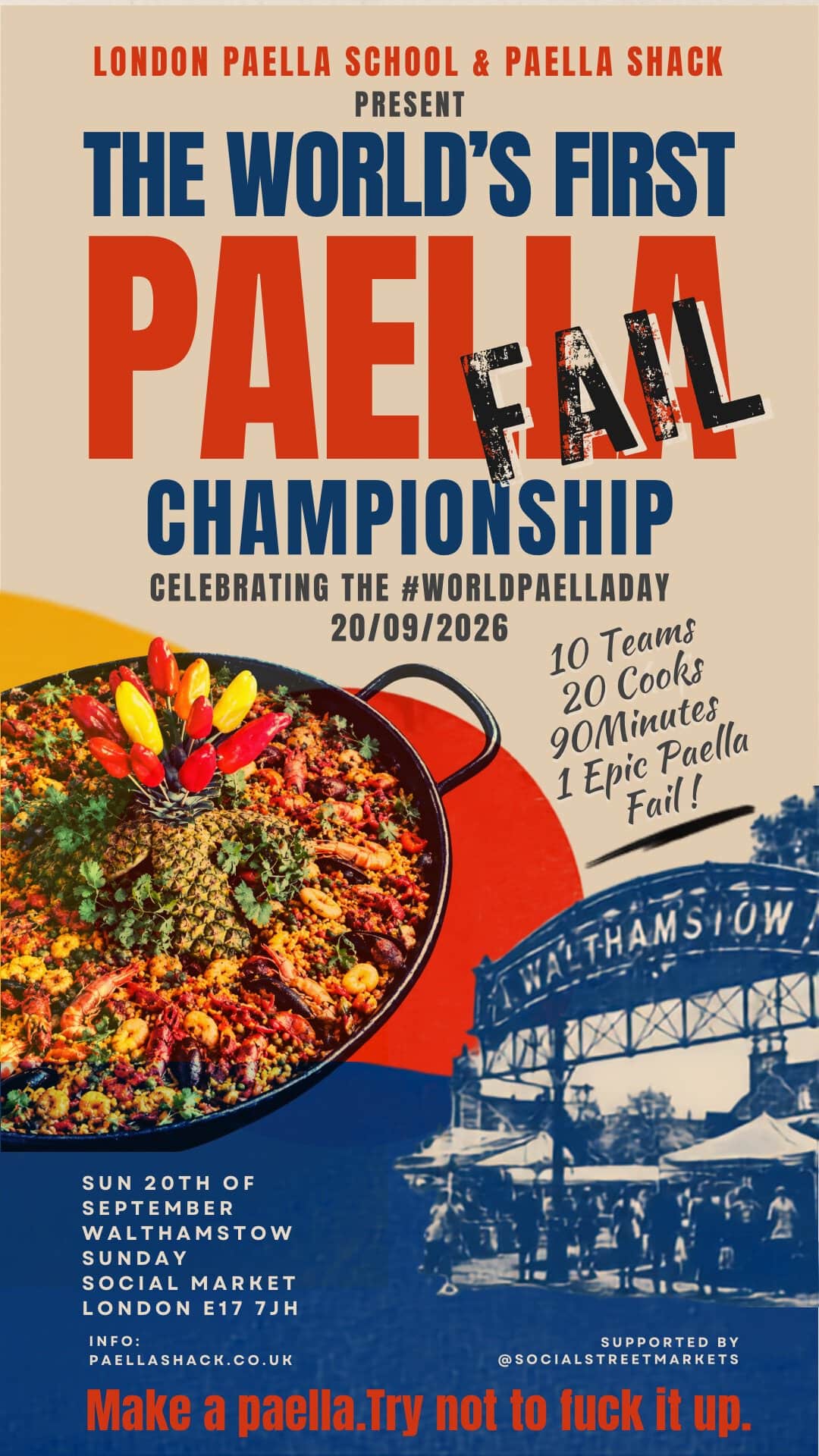 Poster for London's World Paella Championship featuring a large paella pan and bold red and blue typography, with event details and date 20/09/2026.