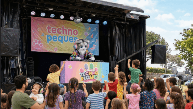 Mascot DJ cat performing on stage at a kid-friendly event, 'Techno Peques' banner in colorful backdrop with children dancing nearby