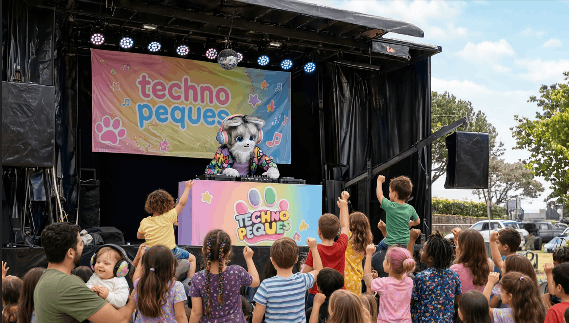 Mascot DJ cat performing on stage at a kid-friendly event, 'Techno Peques' banner in colorful backdrop with children dancing nearby