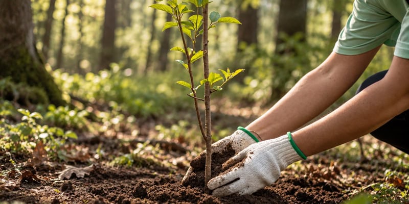 Person planting a young sapling in soil with gloved hands in a sunlit forest