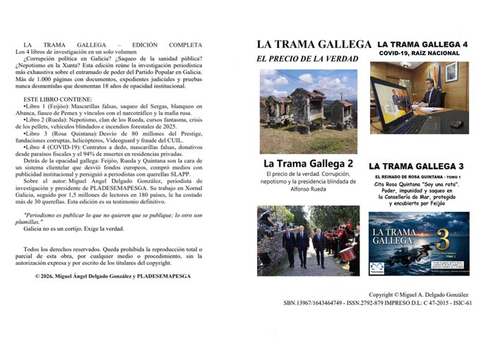 Two-page spread for 'La Trama Gallega': left page shows publication notes and a long Spanish description, right page displays four volume covers with thumbnail images.