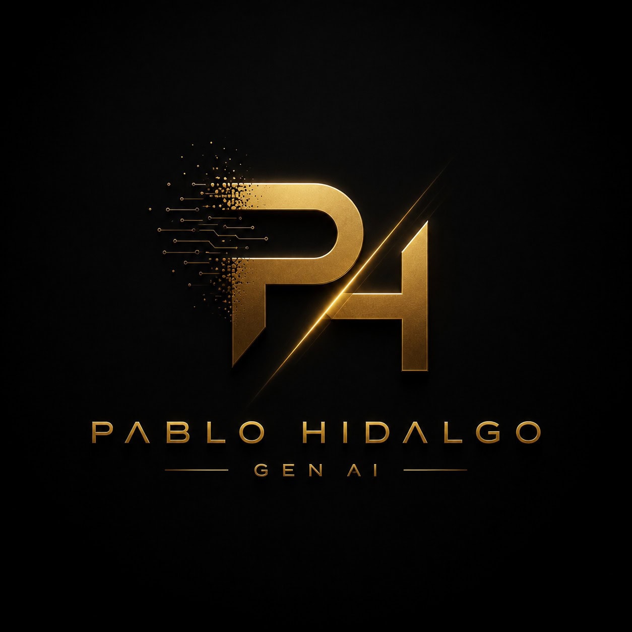 Gold, tech-style logo with oversized 'PA' initials, left half dissolving into small particles on a black background, diagonal gold line slicing through, beneath the text 'Pablo Hidalgo' and 'Gen AI' in gold.