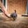 A person holds a brown leash guiding a small black and tan puppy across a dirt surface in front of a brick wall.