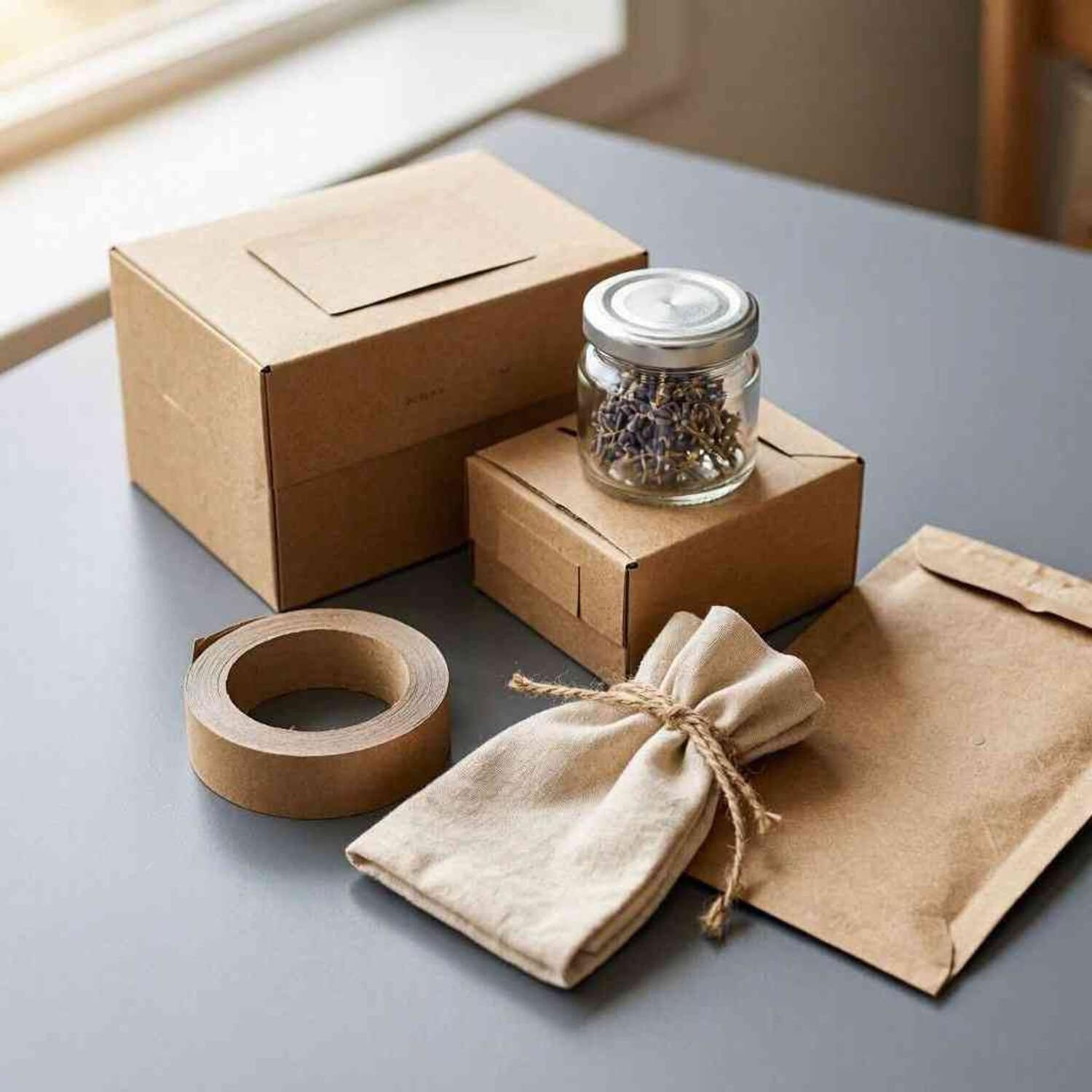 Packing scene with stacked cardboard boxes, a glass jar of seeds, and nearby packing supplies on a grey surface.