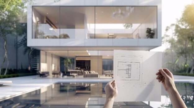 Person holds architectural blueprint of a modern two-story house in front of a glass-walled villa with a pool outdoors