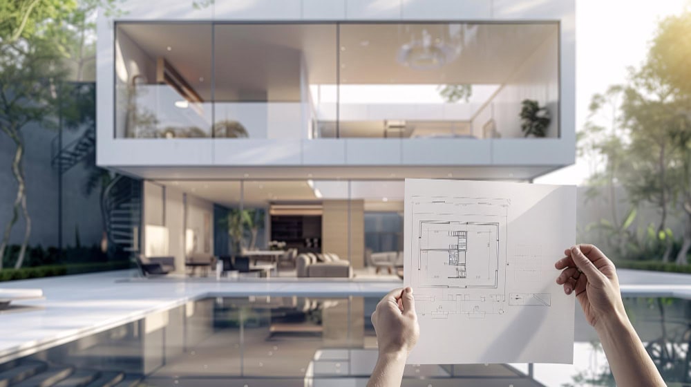 Person holds architectural blueprint of a modern two-story house in front of a glass-walled villa with a pool outdoors