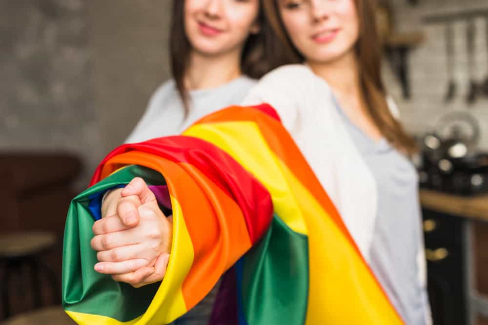 Two people in a kitchen extend a rainbow Pride flag toward the camera, smiling.
