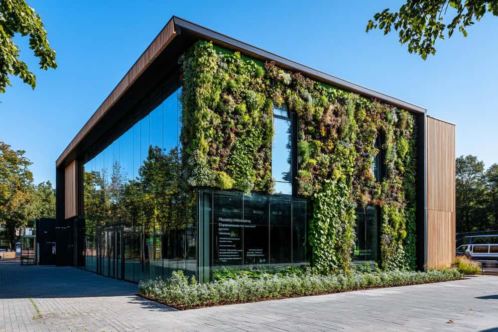 Modern glass-front building with a vertical garden covering the façade and a blue sky above.