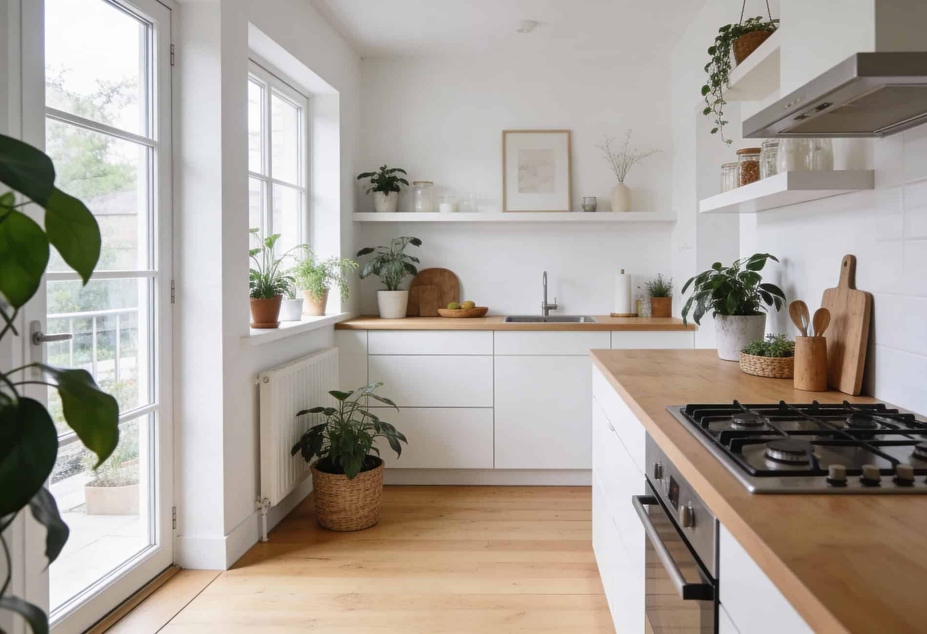 Bright, sunlit kitchen with white cabinets, wooden countertops, and several potted plants along the windowsill and shelves.