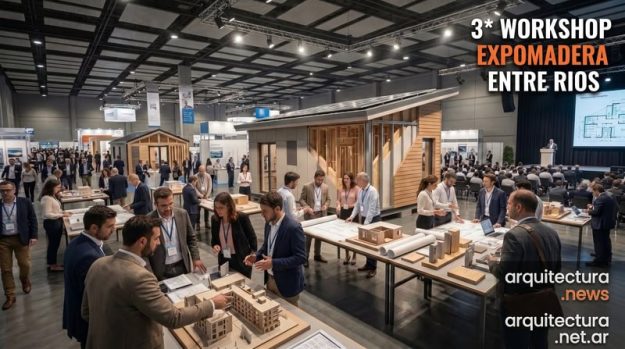 Crowd at an architecture expo examining wooden scale models on tables in a busy hall; seminar stage visible on the right.
