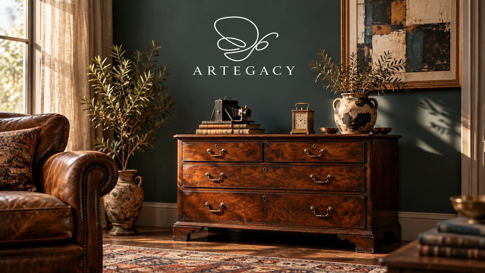 Antique wooden dresser with brass handles against a teal wall, topped with a vintage camera, clock, books, and a ceramic vase with branches.