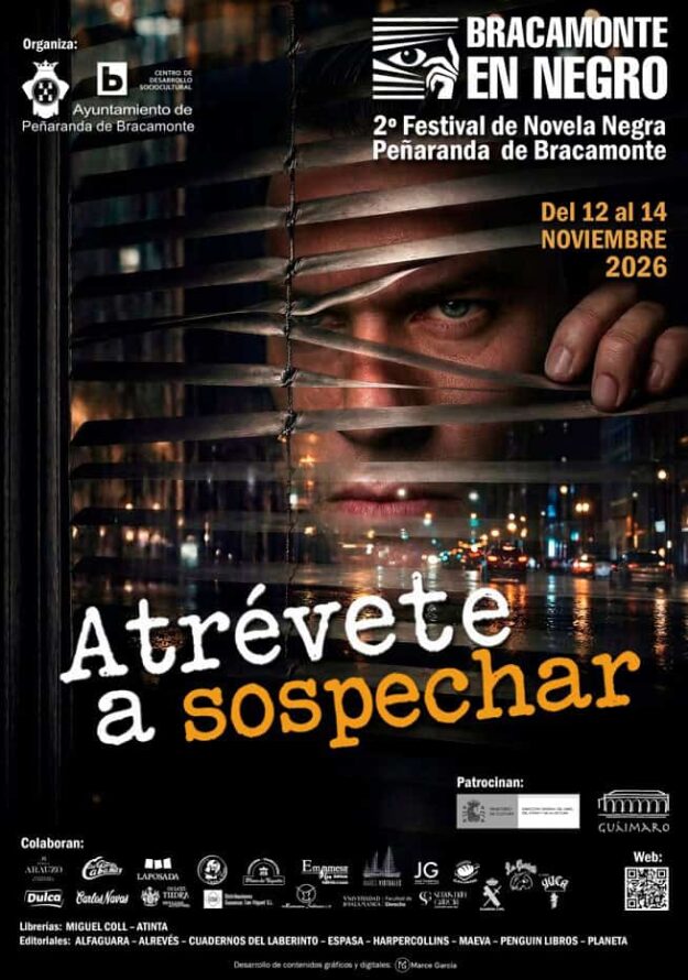 Poster for Bracamonte en Negro: 2nd Noir Novel Festival in Peñaranda de Bracamonte, 12–14 November 2026, featuring a person peering through blinds over a city at night.