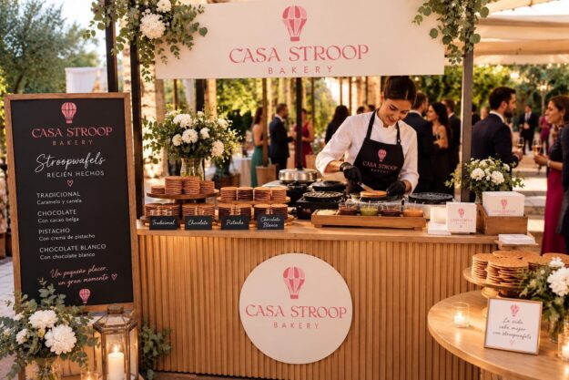 Casa Stroop Bakery kiosk at an outdoor event; staff member prepares stroopwafels with baked goods and a chalkboard menu nearby.