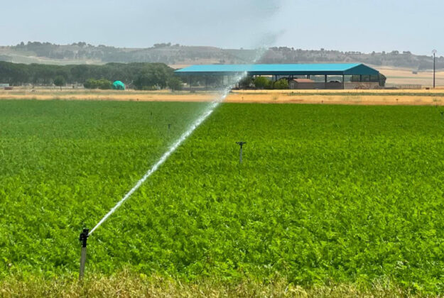 Center-pivot irrigation sprinkler watering a green field with a blue-roof barn in the background.