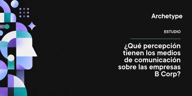 Abstract colorful collage forming a human profile on a black background; Spanish title about media perception of B Corp companies.