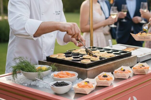 Chef grilling bite-size pastries on a hot griddle at an outdoor event, guests with drinks visible in the background.
