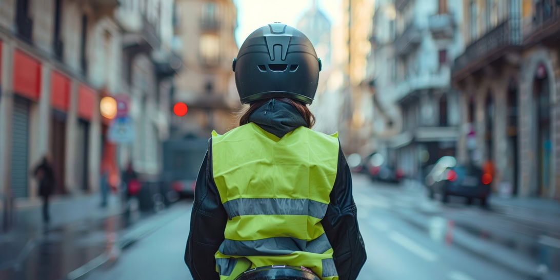 Back view of a person in a neon yellow reflective safety vest and black helmet standing on a city street, facing away from the camera.