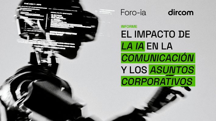 Grayscale robot on the left with the Spanish title about AI's impact on communication and corporate affairs, with green highlighted phrases.