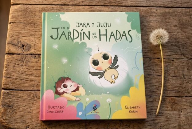 Children's book cover: 'Jara y Jutu en el Jardín de las Hadás' with a cute flying insect and a child, on a wooden table next to a dandelion seed head.
