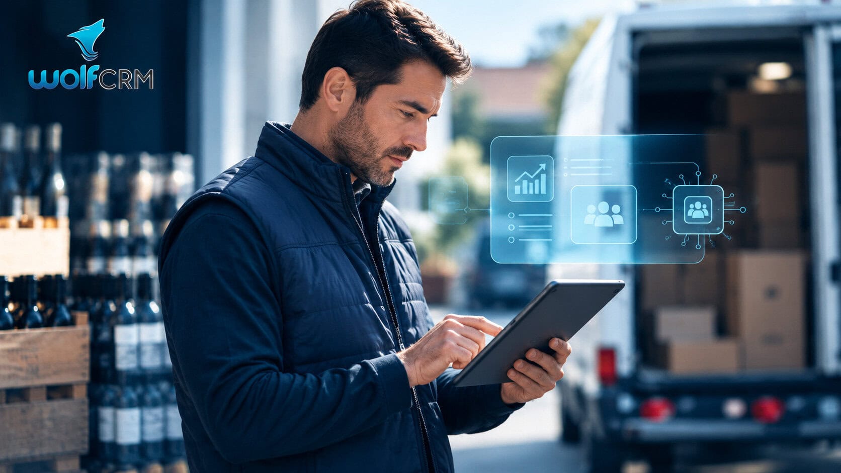 Man using a tablet at a loading dock with holographic data panels showing charts and user icons in the foreground.