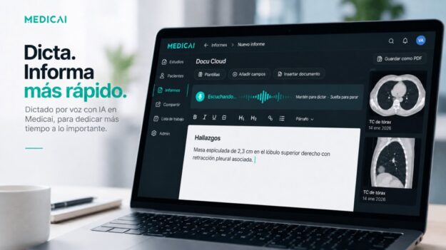 Laptop with MEDICAI software open, showing dictation tools and patient data; left reads 'Dicta. Informa más rápido.'
