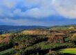 Wide view of rolling hills and patchwork fields under a cloudy blue sky, with a distant village along the horizon and dense forest in the foreground.