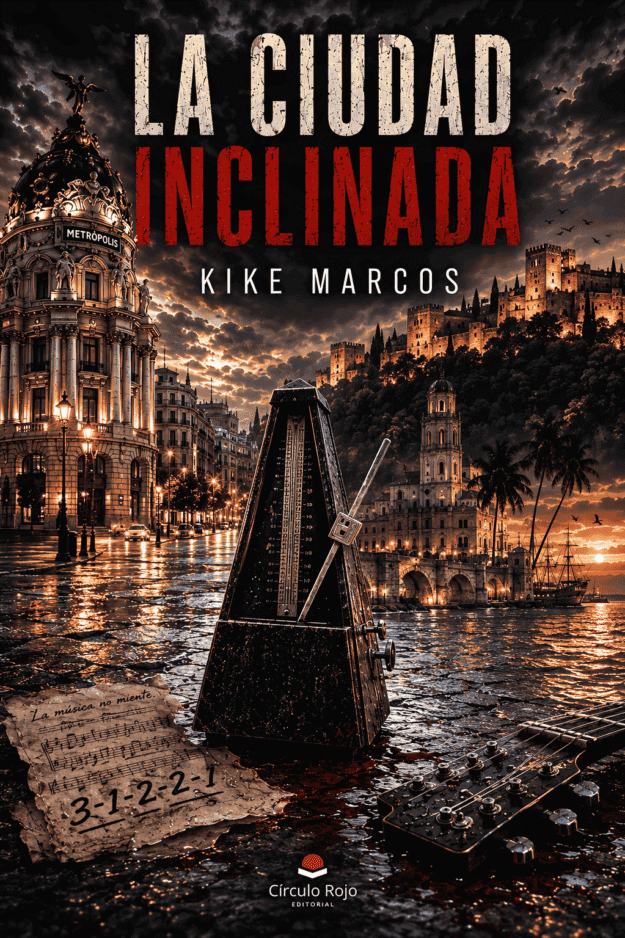 Cover for 'La Ciudad InclInada' by Kike Marcos featuring a dramatic sunset over a European city, a large antique metronome and a guitar neck propped by a torn sheet of music on a rain-soaked street, with a red-tinted title above and Circulo Rojo Editorial at the bottom.