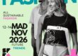 Sustainable Fashion Fest poster: a man and woman in streetwear on a mint background with bold teal 'SUSTAINABLE FASHION' text and dates 12–14 NOV 2026.