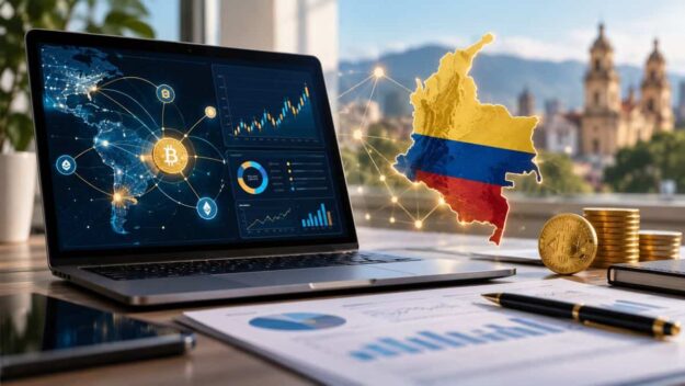 Laptop screen shows a cryptocurrency analytics dashboard with world map connections and charts; a Colombia-shaped map in its flag colors (yellow, blue, red) sits nearby with Bitcoin coins on the desk.