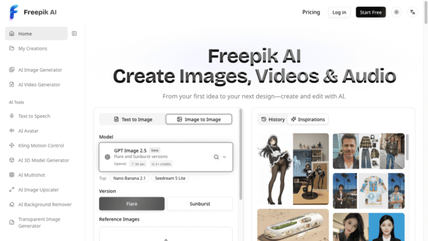Screenshot of Freepik AI homepage: left navigation, large hero text, and right-side controls showing Text to Image and Image to Image panels.