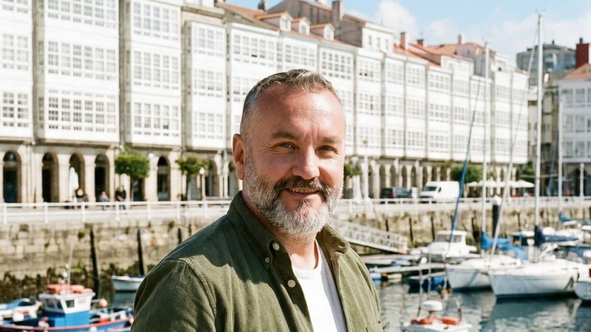 Smiling man with a gray beard in a green shirt stands by a marina, with boats and white arched buildings in the background.