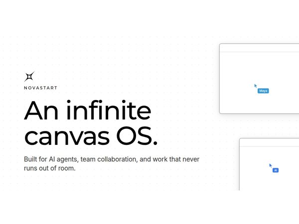 NovaStart logo with the headline: 'An infinite canvas OS.' and subhead: 'Built for AI agents, team collaboration, and work that never runs out of room.' Two pale screenshot cards appear on the right.