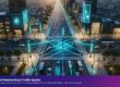 Futuristic city intersection with glowing blue network lines for a smart traffic system and autonomous vehicles.