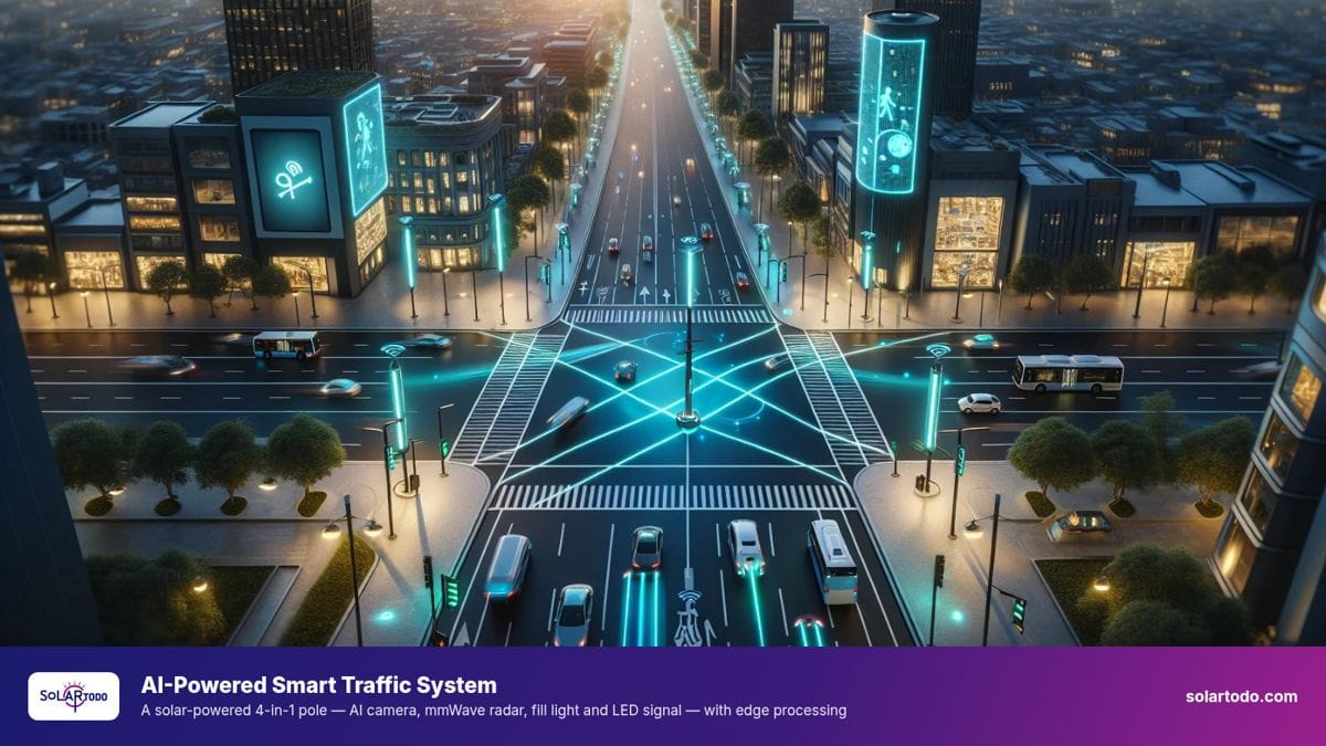 Futuristic city intersection with glowing blue network lines for a smart traffic system and autonomous vehicles.