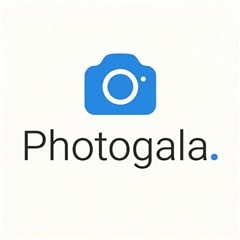 Photogala logo: blue camera icon above the word Photogala with a blue punctuation dot at the end.