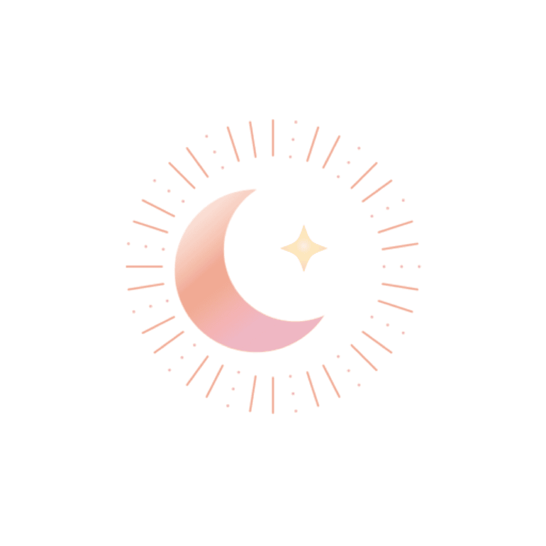 Decorative illustration: pink-orange crescent moon with a golden star and radiant sunburst pattern around it