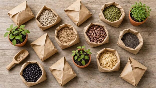 Top-down view of brown paper bags filled with assorted seeds and grains on a wooden table, with two small potted plants nearby.