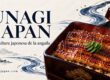 Promotional banner for Unagi Japan showing grilled eel over rice in a lacquered box with blue wave art and the Spanish subtitle 'La cultura japonesa de la anguila'.