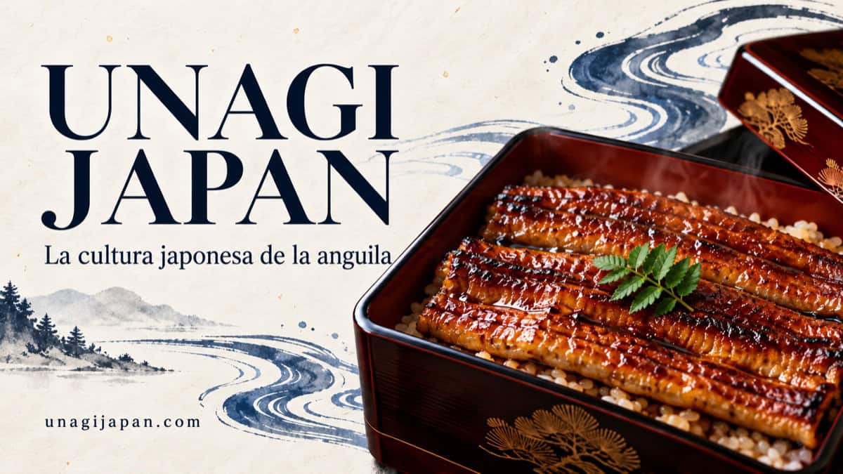 Promotional banner for Unagi Japan showing grilled eel over rice in a lacquered box with blue wave art and the Spanish subtitle 'La cultura japonesa de la anguila'.