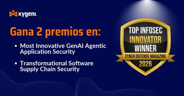 Blue banner with Oxygen logo, headline 'Gana 2 premios en:' and two bullet points about awards; right side shows a gold 'Top Infosec Innovator Winner 2026' badge.