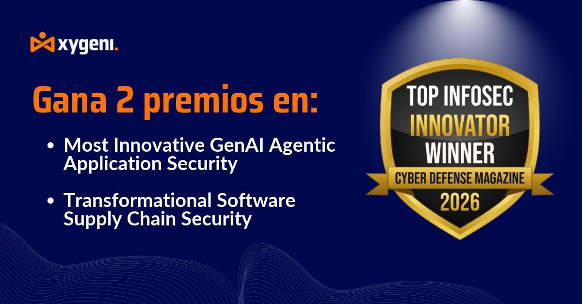 Blue banner with Oxygen logo, headline 'Gana 2 premios en:' and two bullet points about awards; right side shows a gold 'Top Infosec Innovator Winner 2026' badge.