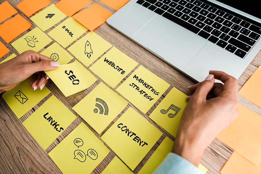 Lsi Keywords. Table with post it notes saying SEO, website, market strategy, content, links and more. Also a laptop and a woman's hands on table.