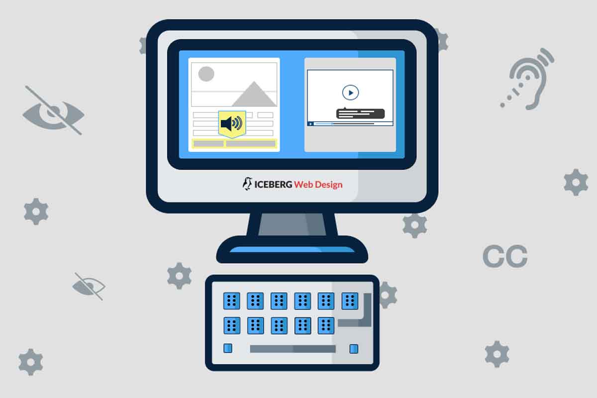 A11y Graphic showing an animated computer with an example of an accessibility screen