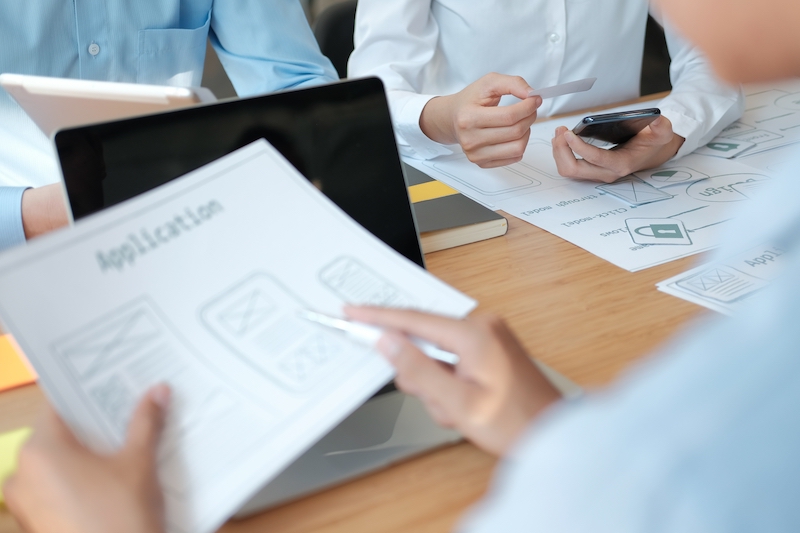 User Experience Ux Designer Designing Web On Smart Phone Layout. Ui Developer Planning Working On Mobile Application Prototype using Tree Testing
