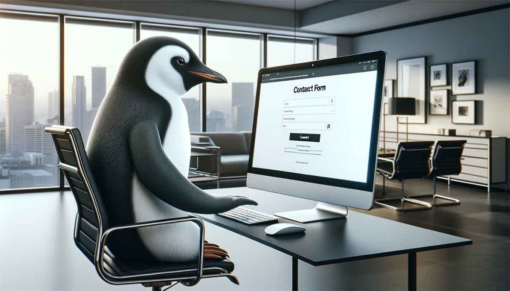 A penguin in a modern office filling out a contact form on a website