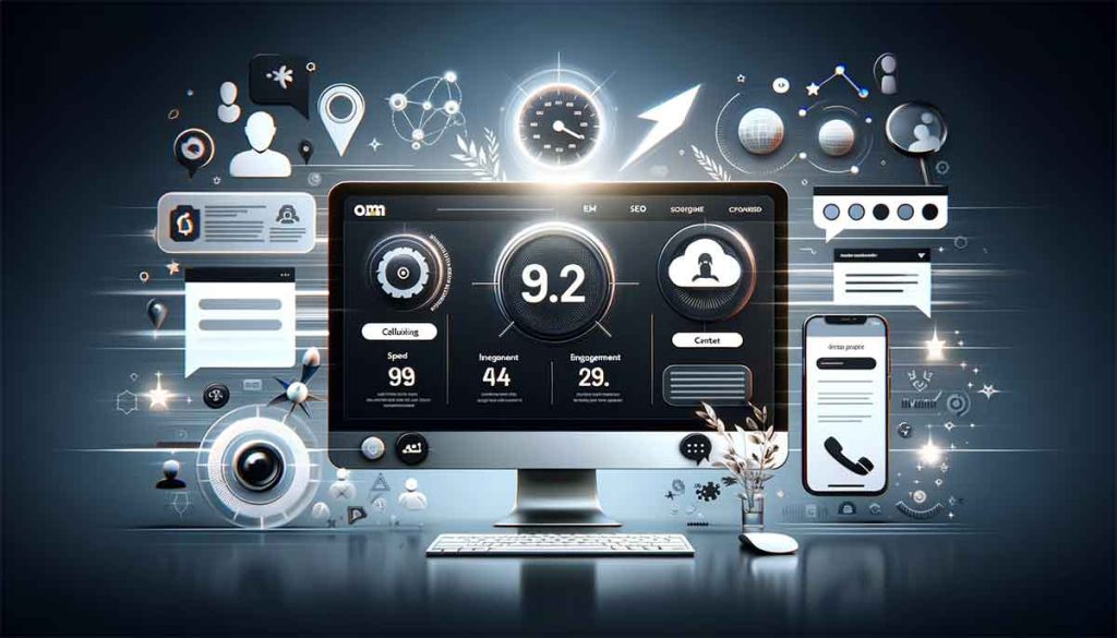 Website, computer, and other digital elements depicting a different strategies to incorporate into a web design