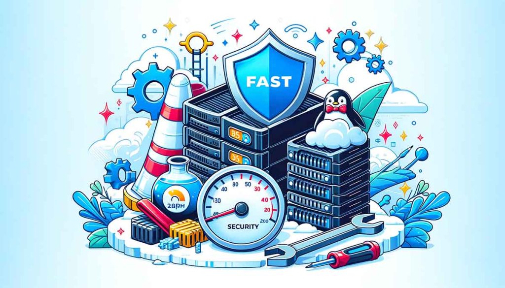 Image of website hosting servers, gears, and other technology-related items with a penguin