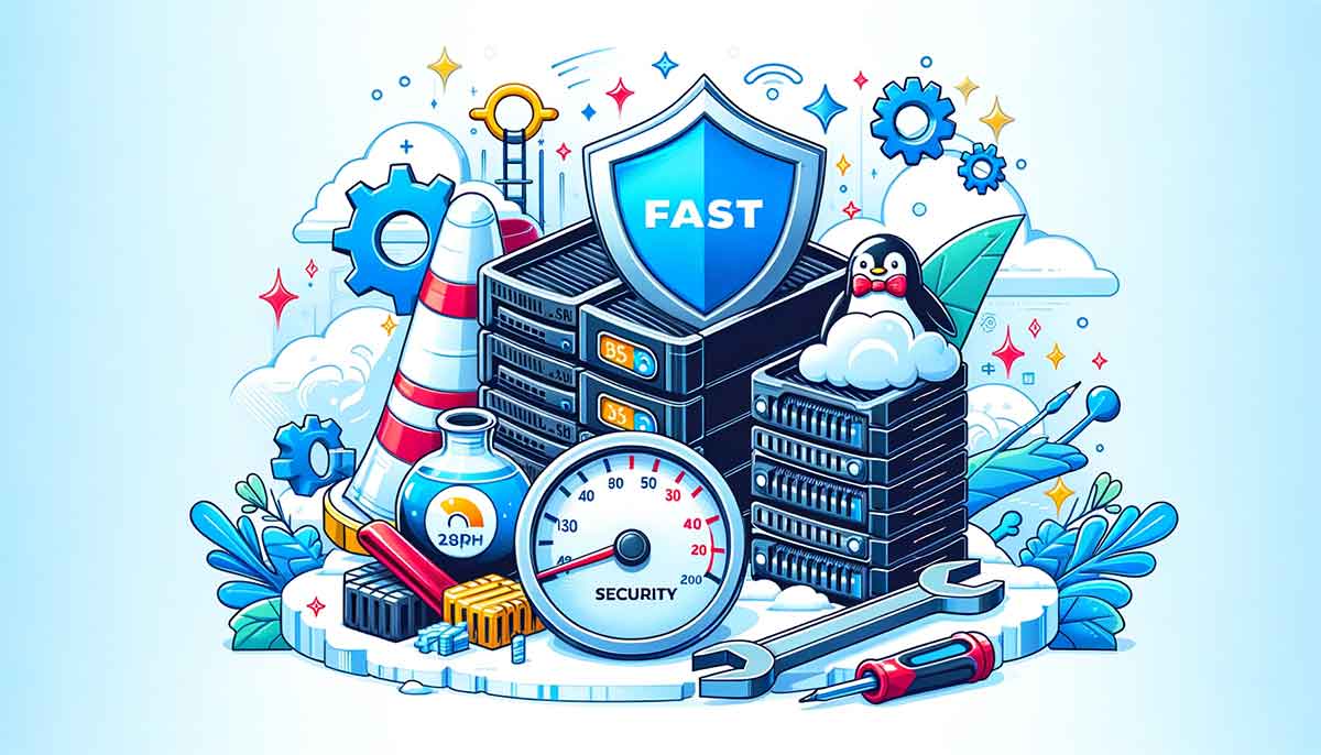 Image of website hosting servers, gears, and other technology-related items with a penguin