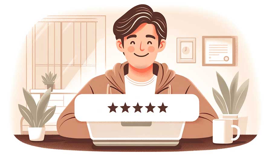 Cartoon Person On Computer With 5 Stars