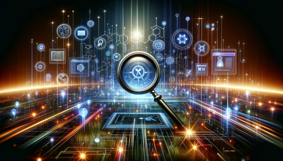 An abstract image showing a magnifying glass and digital elements representing SEO tools